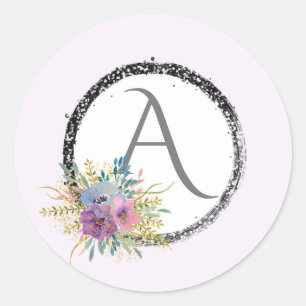 *~* Popular Girly Floral Glitter Monogram Initial Classic Round Sticker