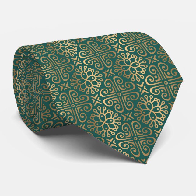 Popular green gold art deco pattern tie (Rolled)