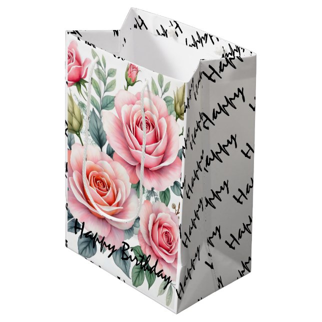 Popular Luxury Pink Roses Beautiful Collection Medium Gift Bag (Front Angled)