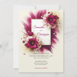 Popular magenta flowers and gold frame wedding invitation