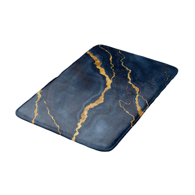 Popular Navy Blue Gold Marble Collection Bath Mat (Angled)