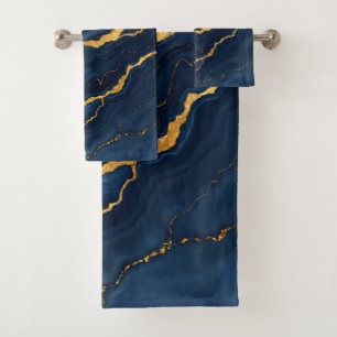 Popular Navy Blue Gold Marble Collection Bath Towel Set