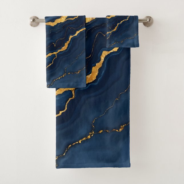 Popular Navy Blue Gold Marble Collection Bath Towel Set (Insitu)