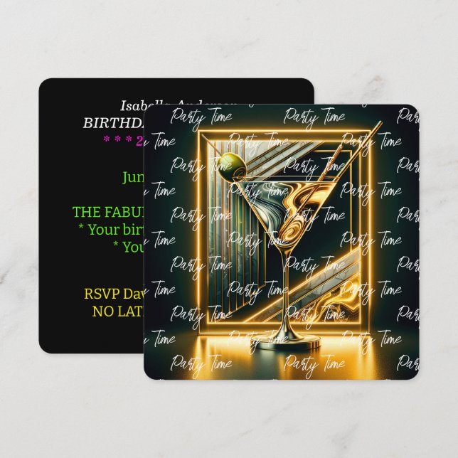 Popular Party Time Neon Personalised Invitation (Front/Back)