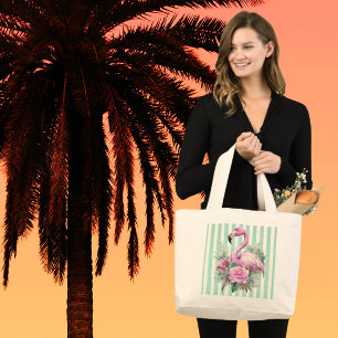 Popular Pink Flamingo on Mint Stripe Large Tote Bag