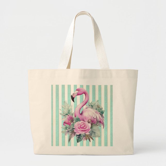 Popular Pink Flamingo on Mint Stripe Large Tote Bag (Front)
