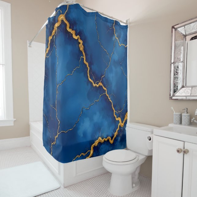 Popular Royal Blue Gold Marble Collection Shower Curtain (In Situ)