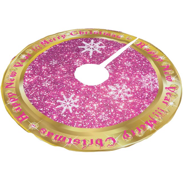 Popular Snowflake Gold Glitter Pink Brushed Polyester Tree Skirt (Angled)