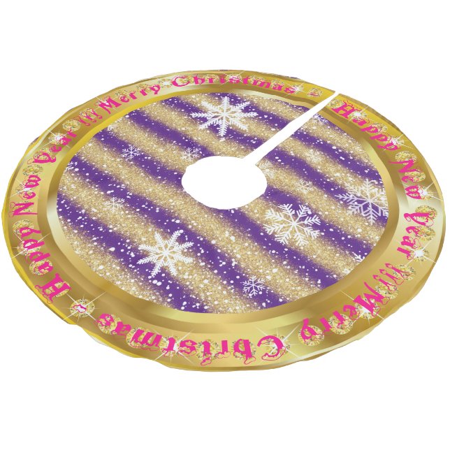 Popular Snowflake Gold Glitter Purple Brushed Polyester Tree Skirt (Angled)