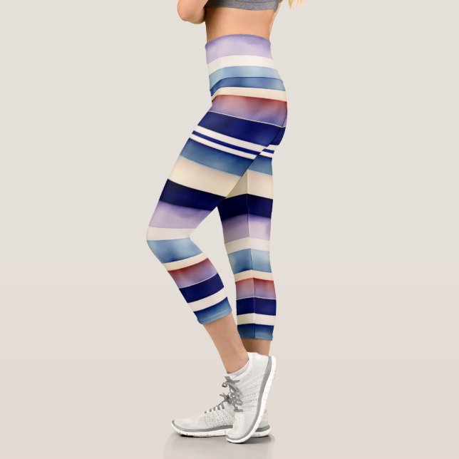 Popular Summer Navy Blue Boat Stripes Collection Capri Leggings (Left)