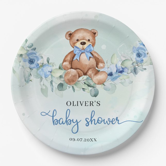 Popular teddy bear dusty blue floral eucalyptus paper plate (Front)