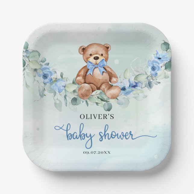 Popular teddy bear dusty blue floral eucalyptus paper plate (Front)