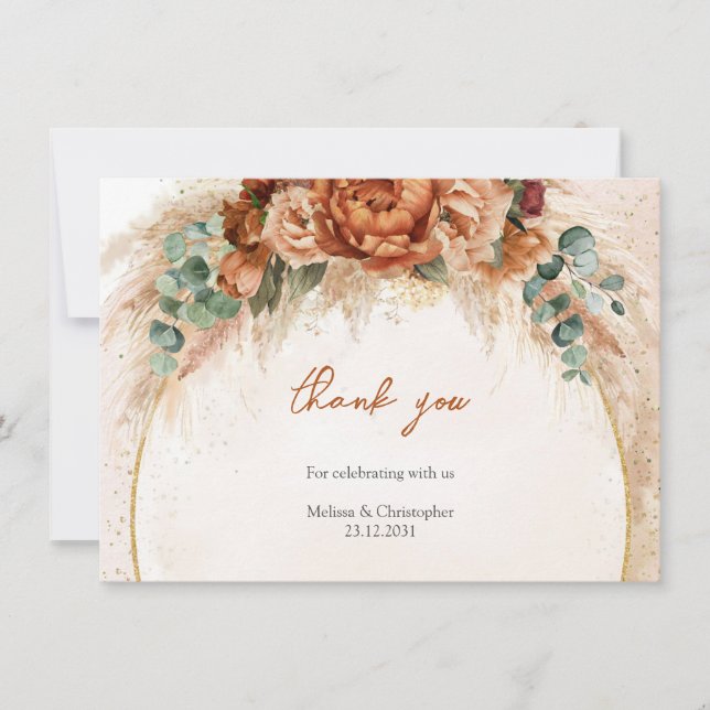 Popular terracotta arch deep red floral eucalyptus thank you card (Front)