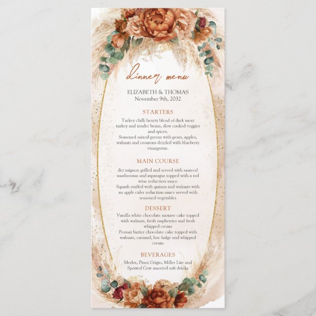 Popular terracotta deep red floral eucalyptus boho menu (Front)