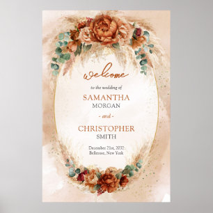 Popular terracotta deep red floral sage Welcome Poster