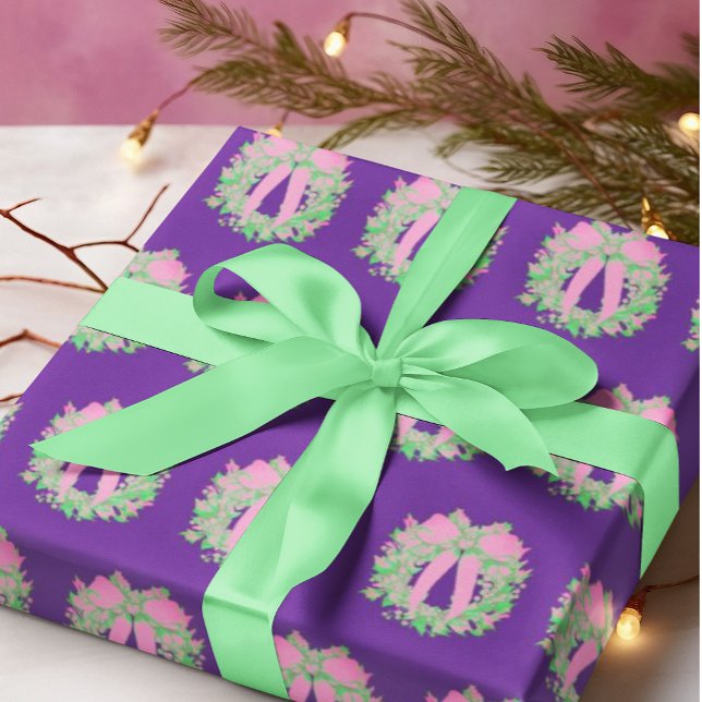 Popular Trendy Pink Green Purple Wreath Wrapping Paper Sheet (Contemporary green wreathes with pink bows on deep purple background!)