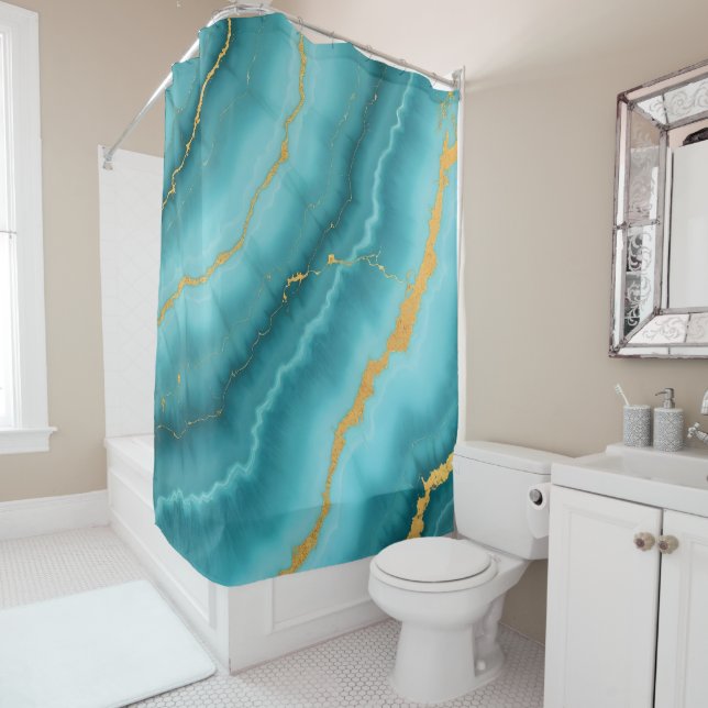 Popular Turquoise Blue Gold Marble Collection Shower Curtain (In Situ)