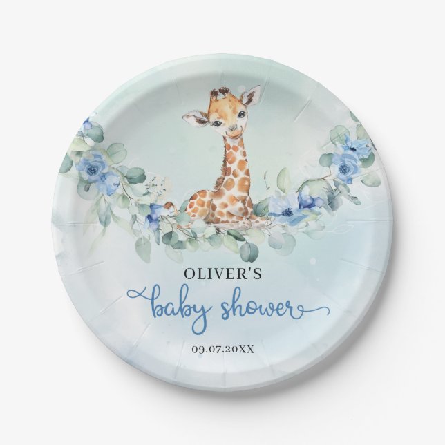 Popular watercolor giraffe blue flowers safari paper plate (Front)