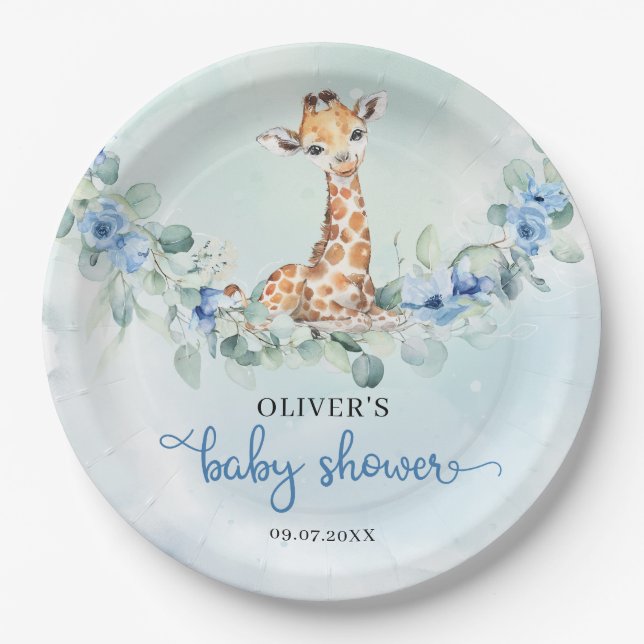 Popular watercolor giraffe blue flowers safari paper plate (Front)