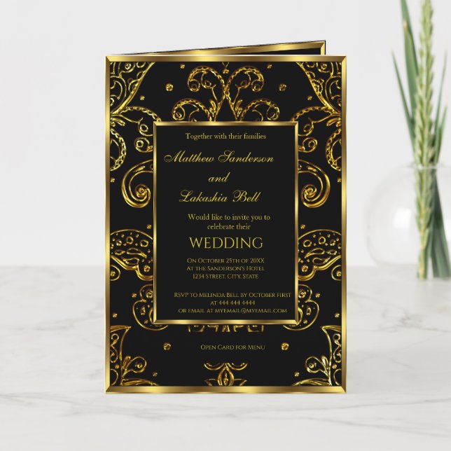 Popular Wedding Gold Black Folded Card  Menu (Front)
