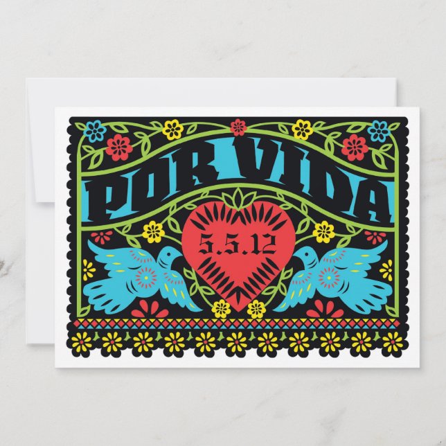 Por Vida Love Birds Papel Picado Invitation (Back)