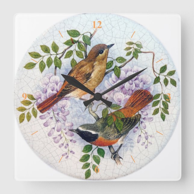 Porcelain Birds. Square Wall Clock (Front)