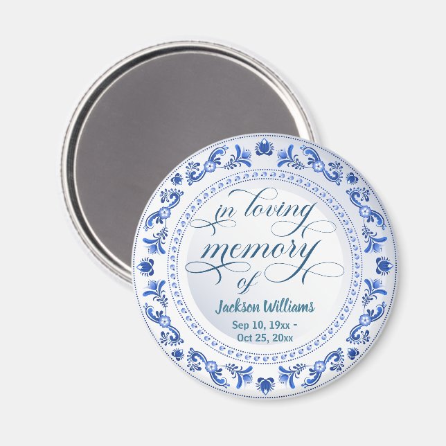 Porcelain Blue Floral Funeral Keepsake Magnet (Front/Back)