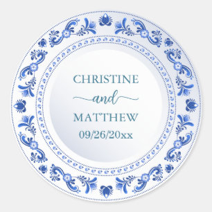 Porcelain Blue Floral Wedding Favour Classic Round Sticker