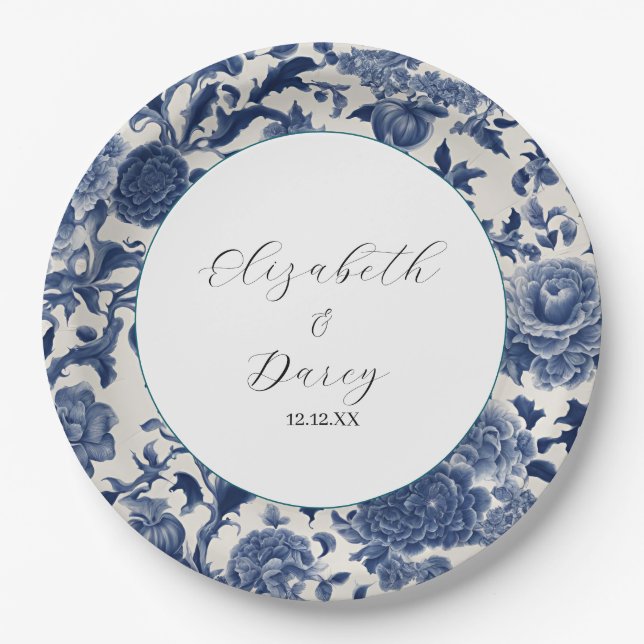 Porcelain Elegance: Blue Floral Wedding Paper Plate (Front)