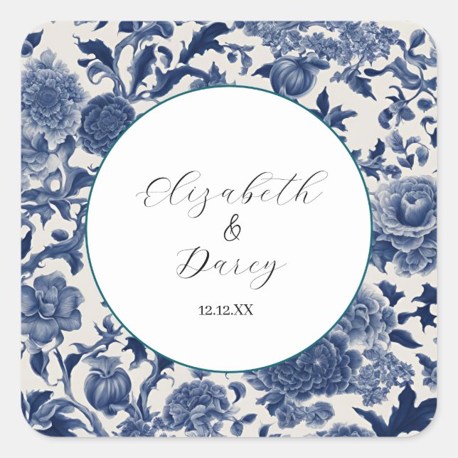 Porcelain Elegance: Blue Floral Wedding Square Sticker (Front)