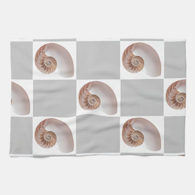 Porcelain Seashell Minimalist Chequerboard Pattern Tea Towel (Horizontal)