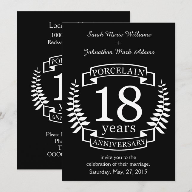 Porcelain traditional wedding anniversary 18 years invitation (Front/Back)