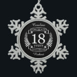 Porcelain traditional wedding anniversary 18 years snowflake pewter christmas ornament<br><div class="desc">A design to celebrate 18 years of marriage. This design has a white (Porcelain) coloured laurel design on a black background. Porcelain is the traditional gift for this occasion. The text reads Porcelain 18 years anniversary. A romantic design to celebrate your 18th year of marriage. If you would like any...</div>