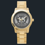 Porcelain traditional wedding anniversary 18 years watch<br><div class="desc">A design to celebrate 18 years of marriage. This design has a white (Porcelain) coloured laurel design on a black background. Porcelain is the traditional gift for this occasion. The text reads Porcelain 18 years anniversary. A romantic design to celebrate your 18th year of marriage. If you would like any...</div>