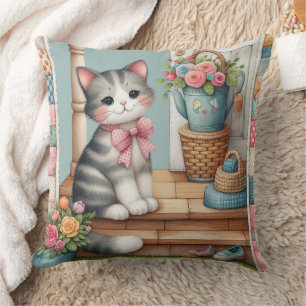 Porch Kitty Floral Patchwork Scene Cushion