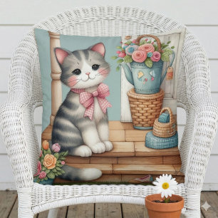 Porch Kitty Floral Patchwork Scene Cushion