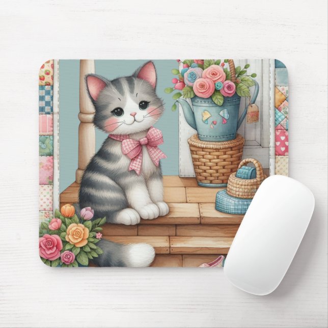 Porch Kitty Floral Patchwork Scene Mouse Mat (With Mouse)