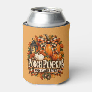 Porch Pumpkins Plaid Bows Autumn Cottagecore Can Cooler