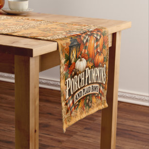 Porch Pumpkins Plaid Bows Autumn Cottagecore Short Table Runner