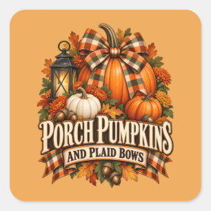 Porch Pumpkins Plaid Bows Autumn Cottagecore Square Sticker