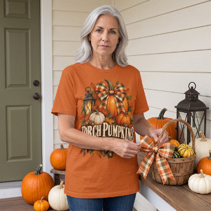 Porch Pumpkins Plaid Bows Autumn Cottagecore T-Shirt