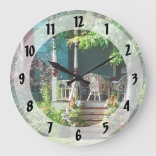 Porch With Flowerpots and Wicker Chairs Large Clock