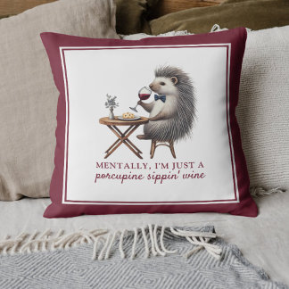 Porcupine Sippin' Wine Funny Decor Burgundy Cushion