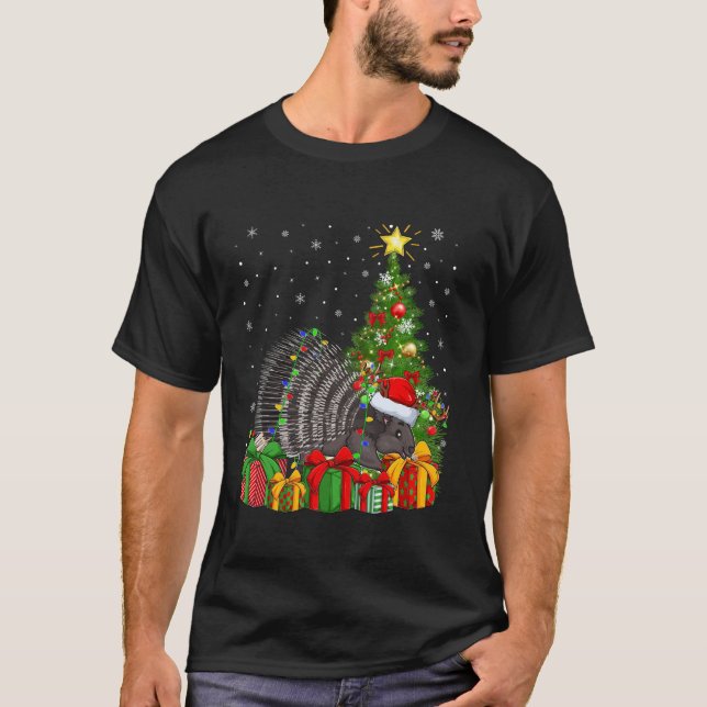 Porcupine Xmas Tree Lighting Santa Hat Porcupine C T-Shirt (Front)