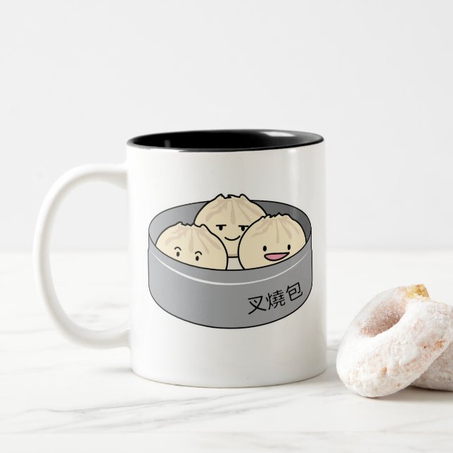 Pork Bun dim sum Chinese breakfast steamed bbq bun Two-Tone Coffee Mug (With Donut)