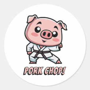 Pork Chop! Cute Cartoon Karate Pig Pun Classic Round Sticker