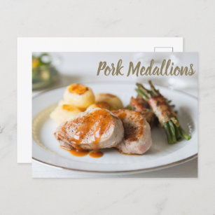 Pork medallions tenderloin with potatoes and beans holiday postcard