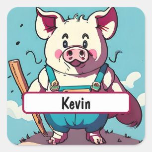 Porky the Farmer With Customisable Nametag Square Sticker
