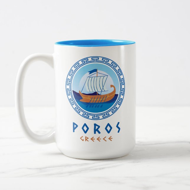 Poros, Greece Greek Ship Design Two-Tone Coffee Mug (Left)