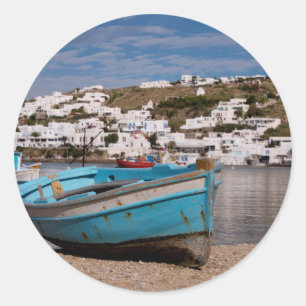 Port and harbour area with Greek fishing boats Classic Round Sticker